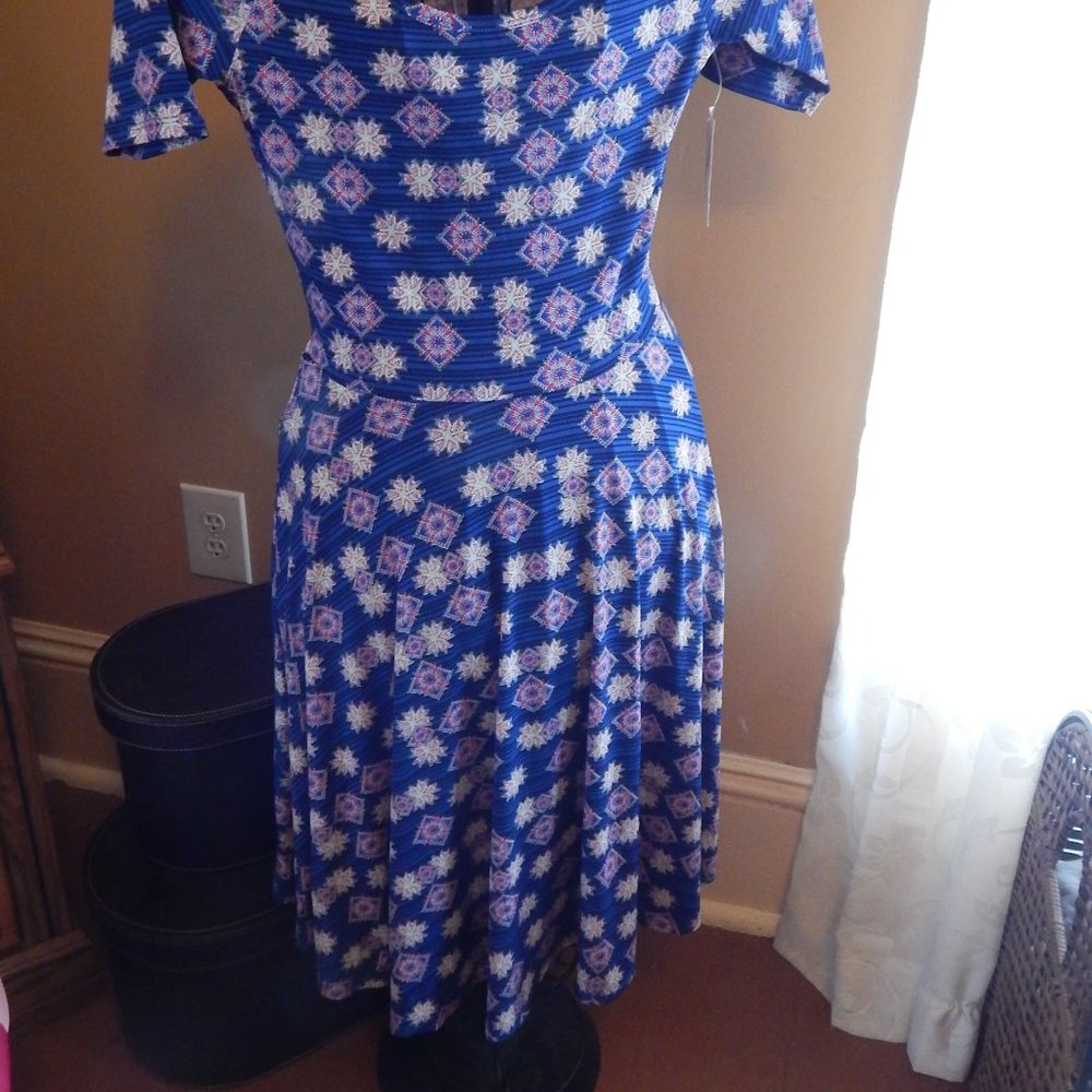 LuLaRoe "Nicole" Dress  NWT  Size L  Blue Multi-Color - Picture 2 of 7